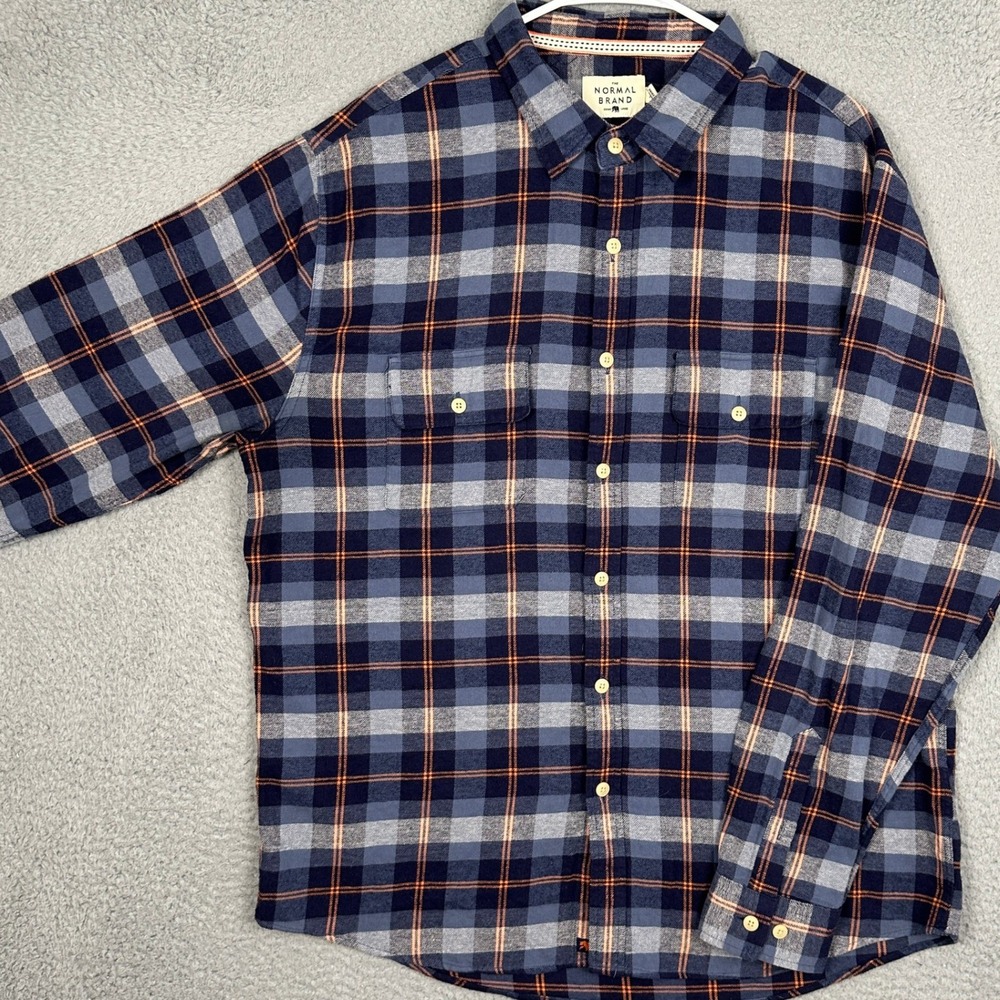 The Normal Brand Shirt Mens XL Flannel Blue Orange Plaid Button Down Casual EUC